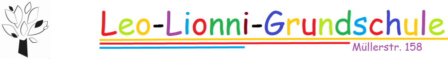 Logo der Leo-Lionni-Grundschule: Schulname in bunten Buchstaben